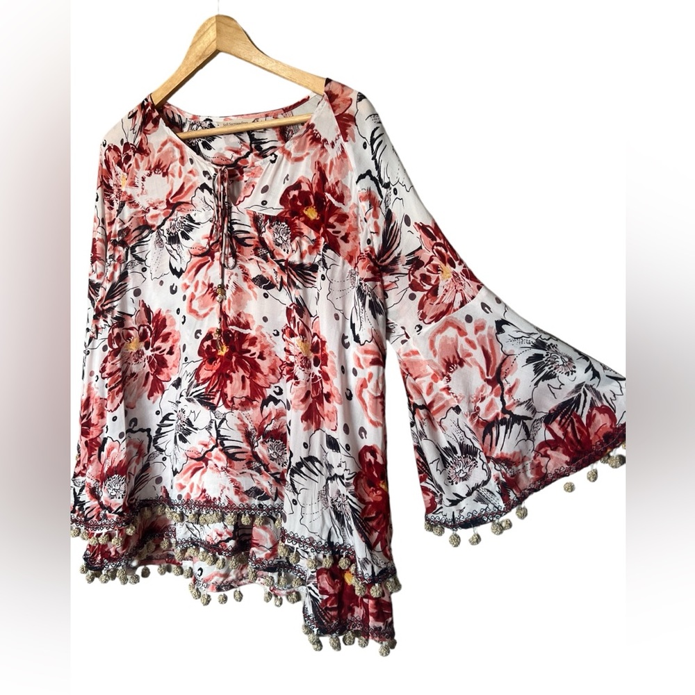 Soft Surroundings Floral Boho Pom Pom Top